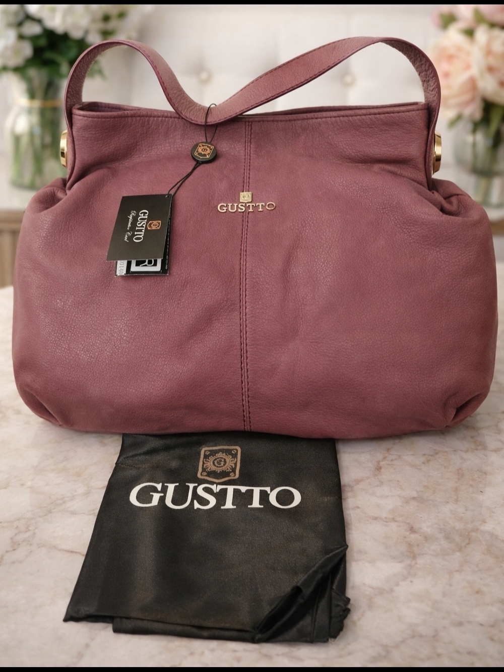 GUSTTO Dusty Mauve Leather Shoulder Bag - Soft Pebble Finish